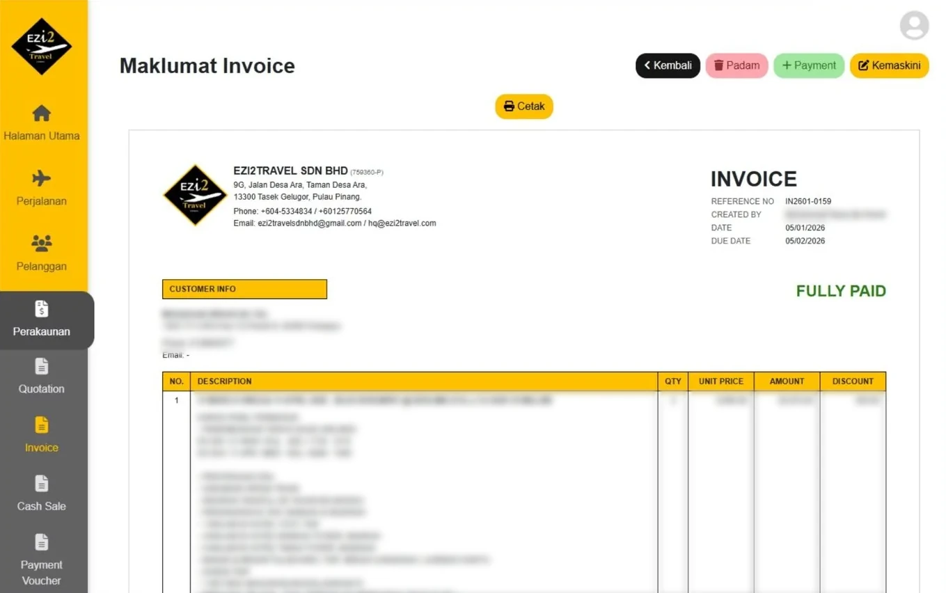 Invoice details, ready to print